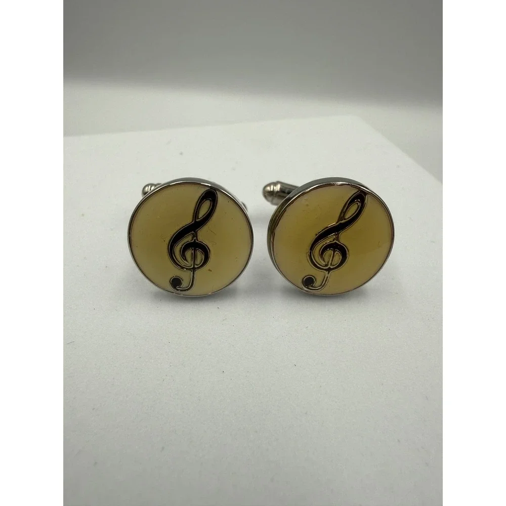 Vintage Treble Clef Music Note Cufflinks Silver Tone Cream Enamel G-Clef Round